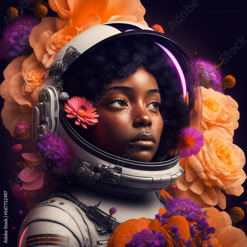 Generative Ai black spaceman woman surrounded by many flowers,empowerment theme concept photo