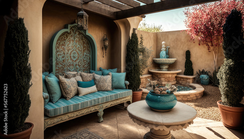 A Mediterranean style outdoor living area with a pergola