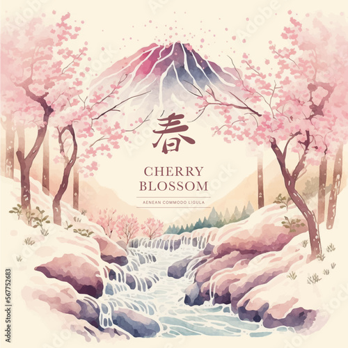 Vector watercolor banner of сherry blossom on the background of the Japanese mountain and river.