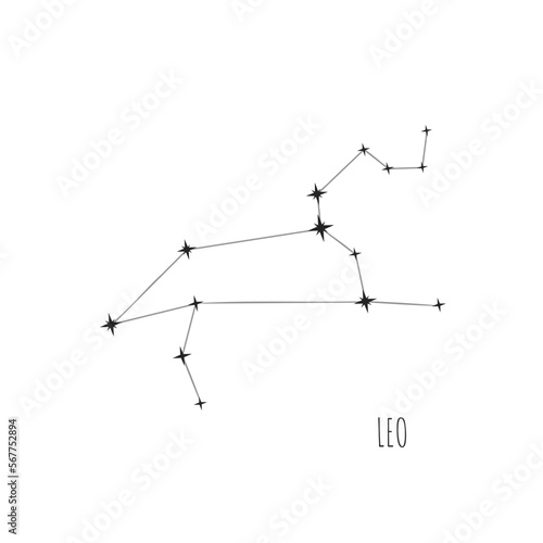 Constellation Leo scheme in starry sky. Doodle, sketch, linear icons of all 88 constellations on white background. Zodiac sign