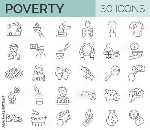 Set of 30 editable stroke line icons related to poverty, homeless, poor man. Vector illustration 