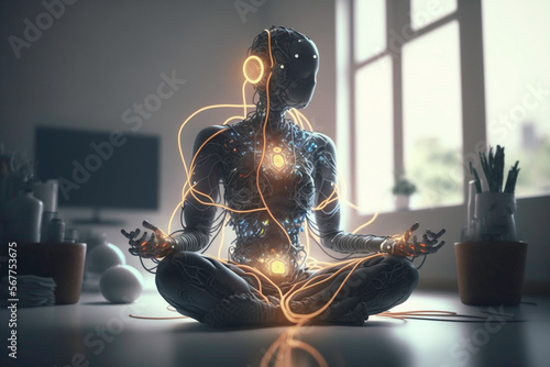 Android meditating listening to music, neon headphones in Lotus pose in an apartment next to a window with plant, light and cables coming out of body, urbanscape, cityscape, yoga pose, Generative Ai