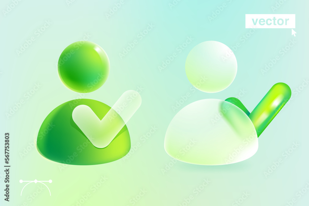 Person user with checkmark icon in glassmorphism style. 3D avatar with tick logo.