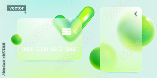 Glass morphism credit card template with floating checkmark icon and sphere. Transparent eco plastic with blur effect.
