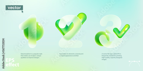Chart infographics with 3 step in glassmorphism style with checkmark icon and green sphere. Eco-friendly 3d tick.