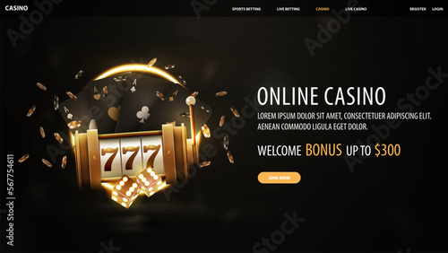 Online casino, black banner with welcome bonus, button, gold casino slot machine, dice, black playing cards and neon ring