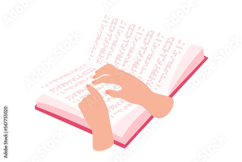 Illustration with hand reading book, braille, hands read text