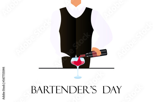 A man bartender in a suit pours wine into a glass from a bottle. Postcard for the international day of the bartender
