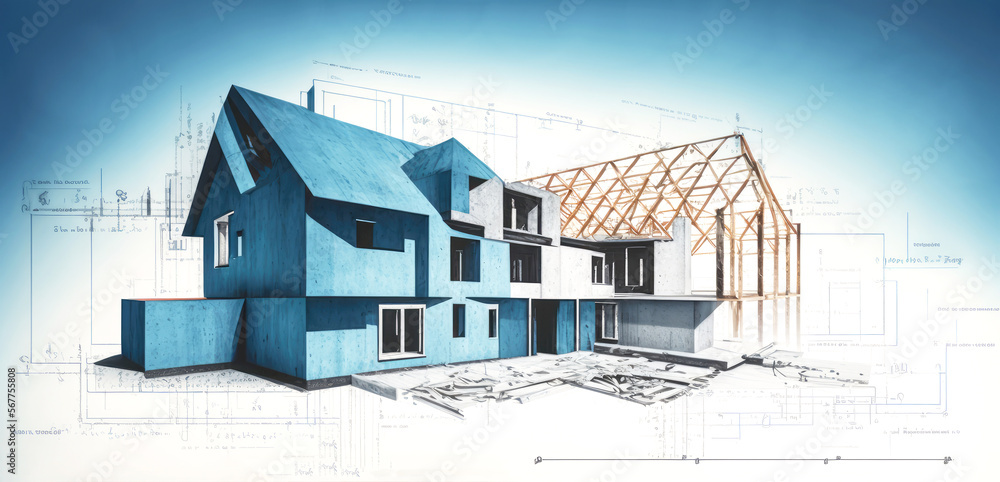 Photo & Art Print Building house on blueprints - construction project ...