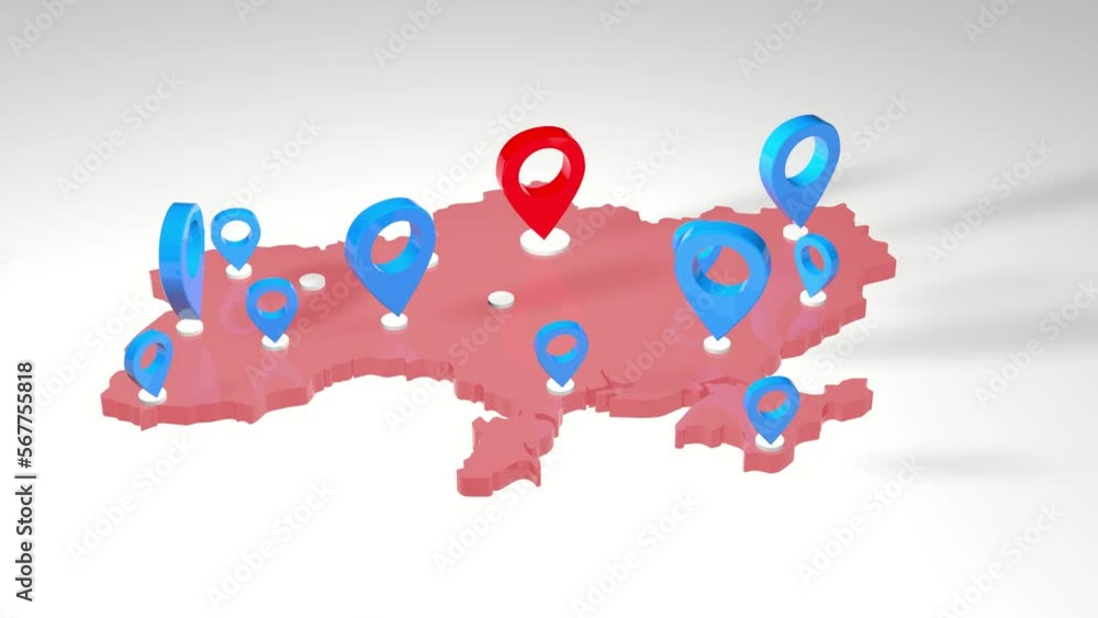 Map of Ukraine with marks of cities. 3D map of Ukraine with GPS markers