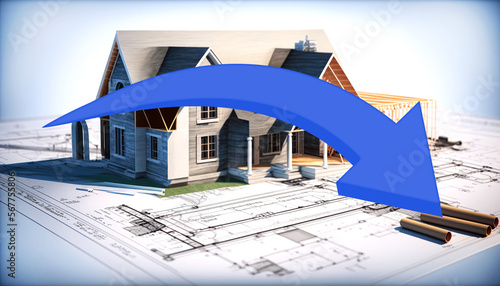 Building house on blueprints - construction project. Construction industry stagnant. Generative AI