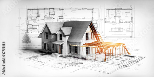 Building house on blueprints - construction project. Generative AI