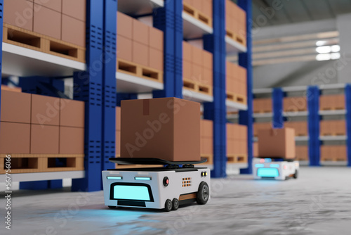 Intelligent robot technology transport factory,concept industry 4.0 smart vehicle autonomous robot AGV,warehouse logistic and transport,cardboard box production in factory,3d rendering illustration