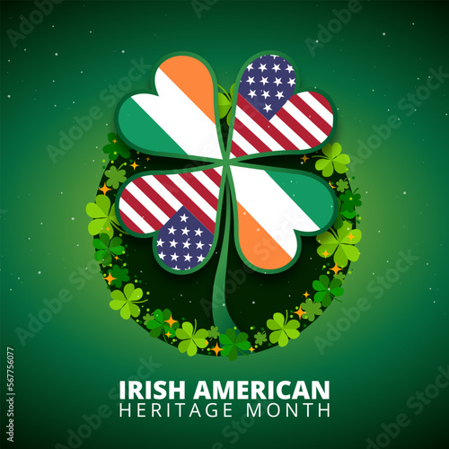 Irish American heritage month background with shamrock leaves decoration