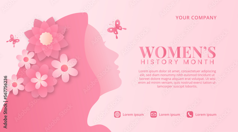 Women's history month background with a pink cutting paper woman with flowers and butterflies