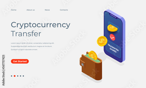 Cryptocurrency isometric landing page with smartphone, wallet, and crypto coins, Crypto exchange