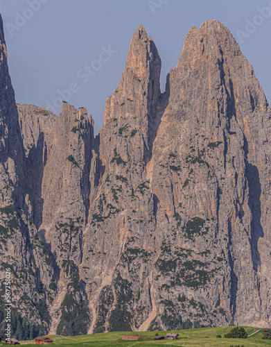 View of Scillar/Schlern mountain ridge as seen from Seiser Alm (the largest high altitude Alpine meadow in Europe), Alp di Siusi, Dolomites, Trentino, Alto-Adige, South Tirol, Italy photo