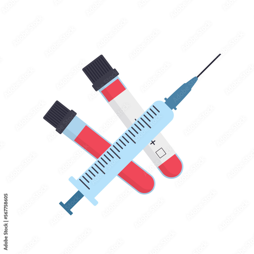 Syringe and test tubes with blood isolated on white background. For ...