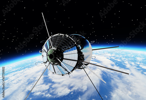The first spaceship at the orbit. 3D Illustration.