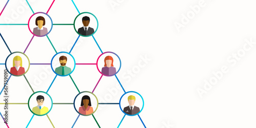 Network and networking concept with diverse group of people connecting together. Line net, grid and colorful gradient lines as link and connection symbol. Vector illustration, banner with copy space.