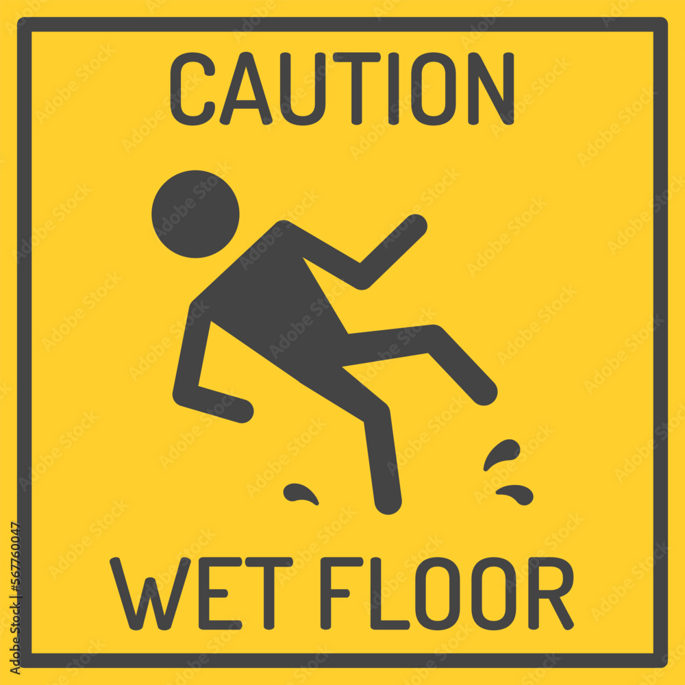 Wet floor warning sign isolated on yellow background. Vector illustration