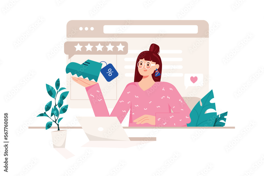 Online shopping pink concept with people scene in the flat cartoon design. Girl bought new footwear with a discount on the online store. Vector illustration.