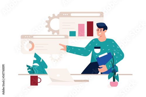 Financial planning pink concept with people scene in the flat cartoon style. Man counts the company's funds and allocates them to various needs. Vector illustration.