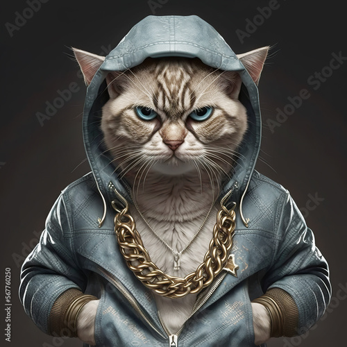 Cat in leather jacket with golden chains, rapper or bandit, cool cat. Illustration. Generative AI.