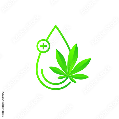 CBD oil as logo or icon concept. Cannabidiol drop and medical cannabis leaf, line art, beautiful gradient green color. Vector illustration isolated on white background.