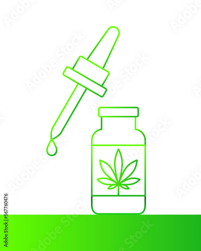CBD oil concept with cannabis leaf, bottle, pipette and a drop of extract. Medical cannabis plant and substance, cannabidiol.