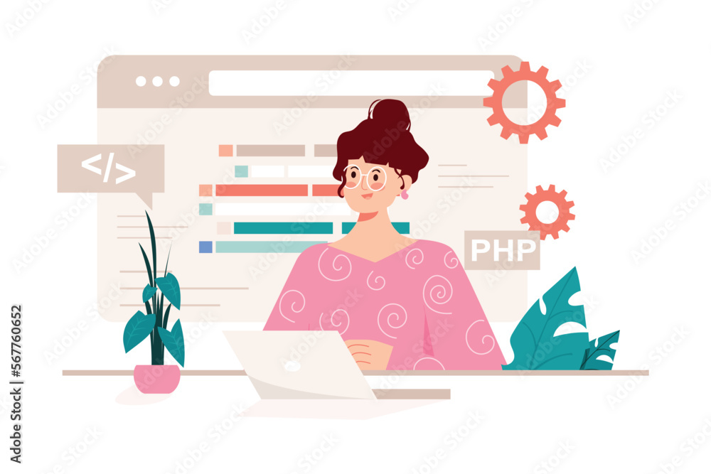 Programming pink concept with people scene in the flat cartoon style. Programmer writes a code for applications using a programming language. Vector illustration.