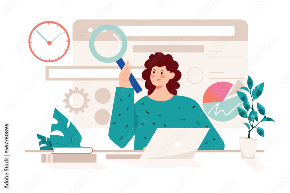 Searching internet pink concept with people scene in the flat cartoon style. Woman is trying to connect to the Internet to continue working on her laptop. Vector illustration. Searching internet pink concept with people scene in the flat cartoon style. Woman is trying to connect to the Internet to continue working on her laptop. Vector illustration.