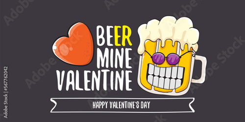 Beer mine valentines vector valentines greeting horizontal banner with beer glass cartoon character isolated on grey background. Vector adult valentines day party poster design template