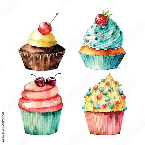 cupcake set with cream. watercolor illustration ice cream