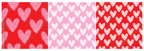 Simple Romantic Seamless Vector Patterns with Hearts Isolated on a Red and Pink Background. Sketched Heart Print ideal for Fabric, Wrapping Paper. Cool Valentine's Day Print. Heart made of Scribbles.