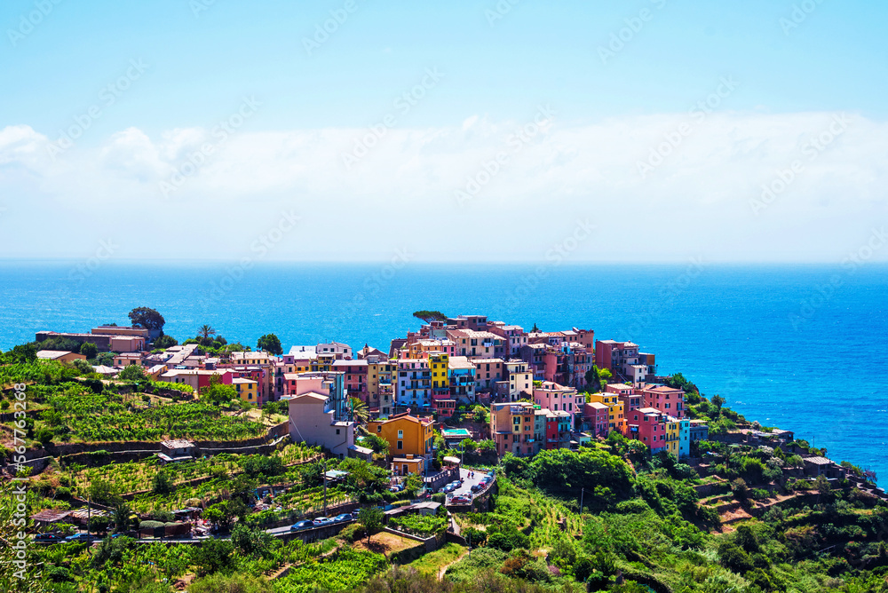 Fascinating view with ancient colored houses in Corniglia, Cinque Terre.