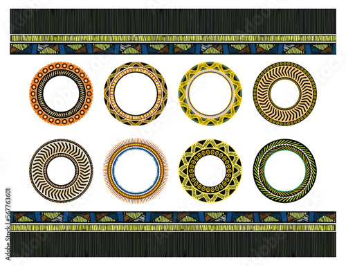 A set of African-style frame borders with copy space for your design. Vector illustration. Thick round border. A unique design for tribes' logos, badges, labels, or boho tattoos.