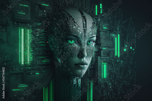 Fictional Person   representing artificial intelligence  with green codes and computer components mixed by his imaginary face generated by IA 