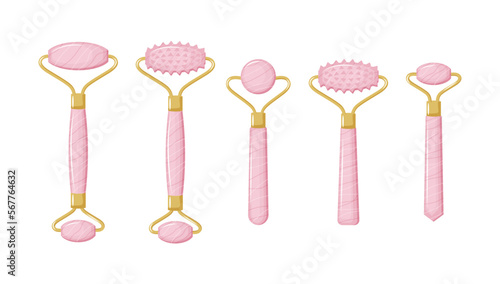 Collection of Rose quartz rollers for facial massage. Rose quartz facial roller. Chinese gua sha massage. Skin care and morning routine. Vector illustration in a flat style.