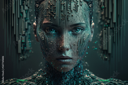 Fictional Person, face of a fictional person, representing artificial intelligence, with green codes and computer components mixed by his imaginary face, generated by IA,