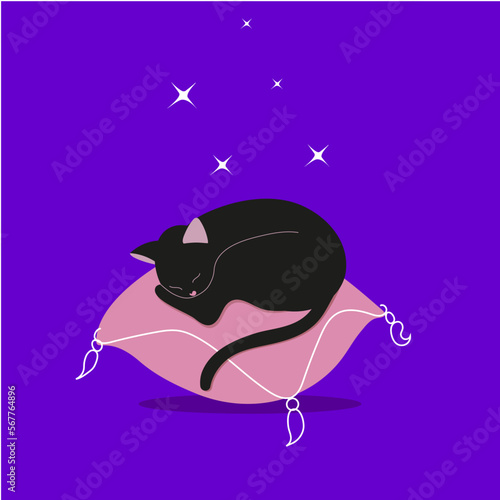 A cute cat sleeps on a pink pet pillow. The cat sleeps, lying on a soft cozy pillow. Comfortable home furniture for felines. The kitten is resting. Flat vector illustration on dark background