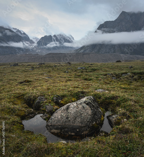 Panoramic landscape view of Akshayuk Pass, Auyuittuq National Park landscape view. Baffin Mountains photo