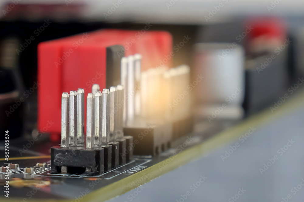 Close up view of computer audio socket port with electronic circuit board Close up view of computer audio socket port with electronic circuit board