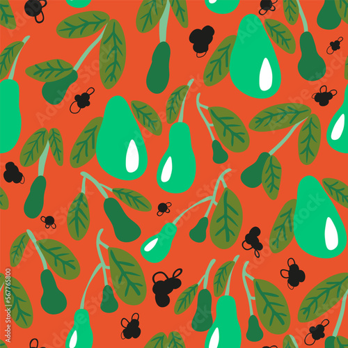 seamless pattern with avocado branches.avocado garden.green fruits on an orange background.color vector illustration in flat style.image for website, application, print.