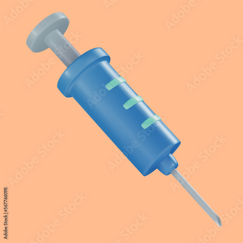 3d cartoon medical syringe in realistic funny colorful style. Render bright children toy object. Plastic cute glossy design element. Vector minimal illustration.