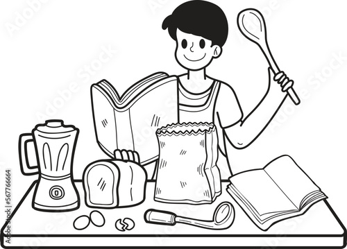 Hand Drawn Man practicing cooking from a book illustration in doodle style