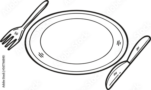 Hand Drawn Food plate with fork and knife illustration in doodle style