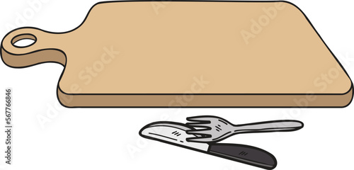 Hand Drawn Wooden cutting board with fork and knife illustration in doodle style