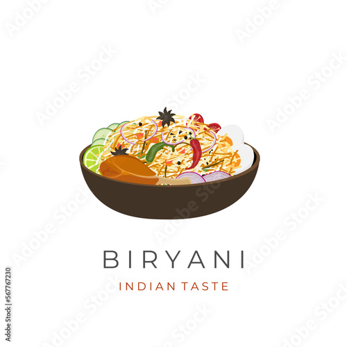 Vector Illustration Logo Chicken Biryani Rice Served On A Clay Plate With Assorted Side Dishes And Spices