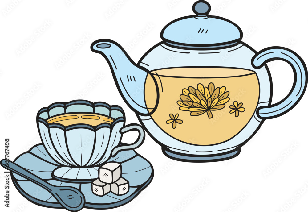 Hand Drawn English style tea set illustration in doodle style